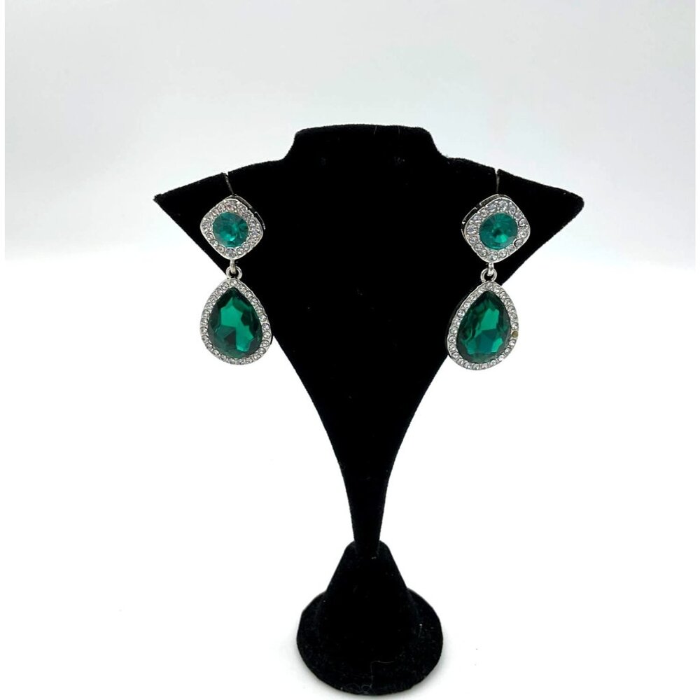 Formal Dangle Drop Rhinestone Bordered Green Faceted Square Teardrop Earrings